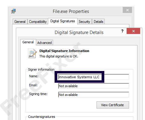 Screenshot of the Innovative Systems LLC certificate